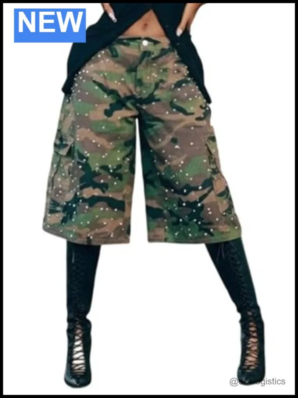 Camo Bermuda Cargo Shorts Women Baggy Y2K Jorts Rhinestone Denim